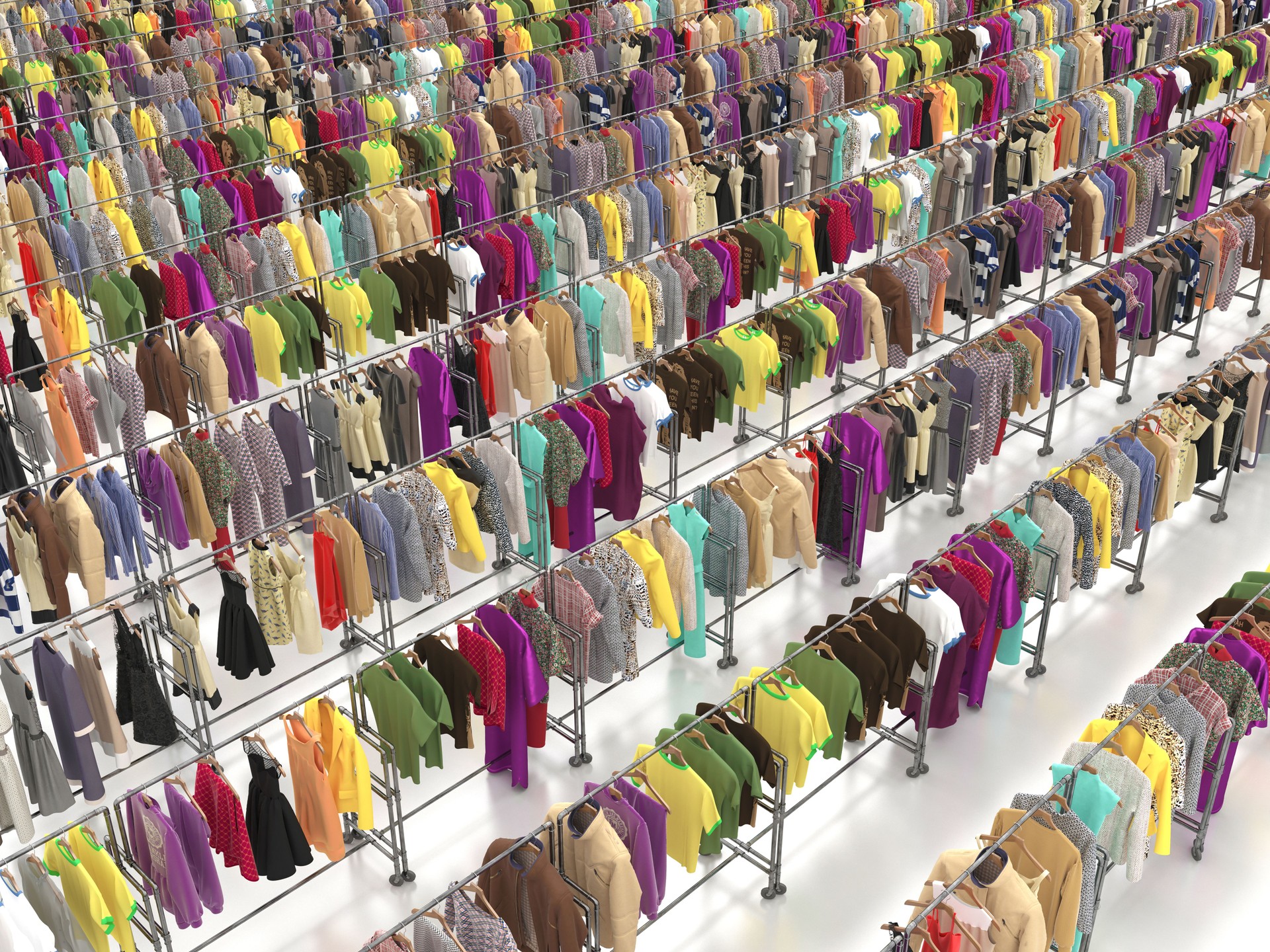 An endlessly long range of clothing racks with a big choice of products. Second hand stock or sale of clothing. Shopping and fashion. Top view. 3D render illustration.